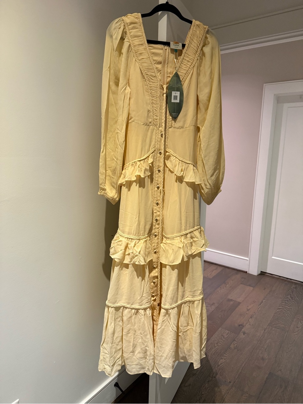 FARM Rio Pale Yellow Ruffled Button-Front Maxi Dress